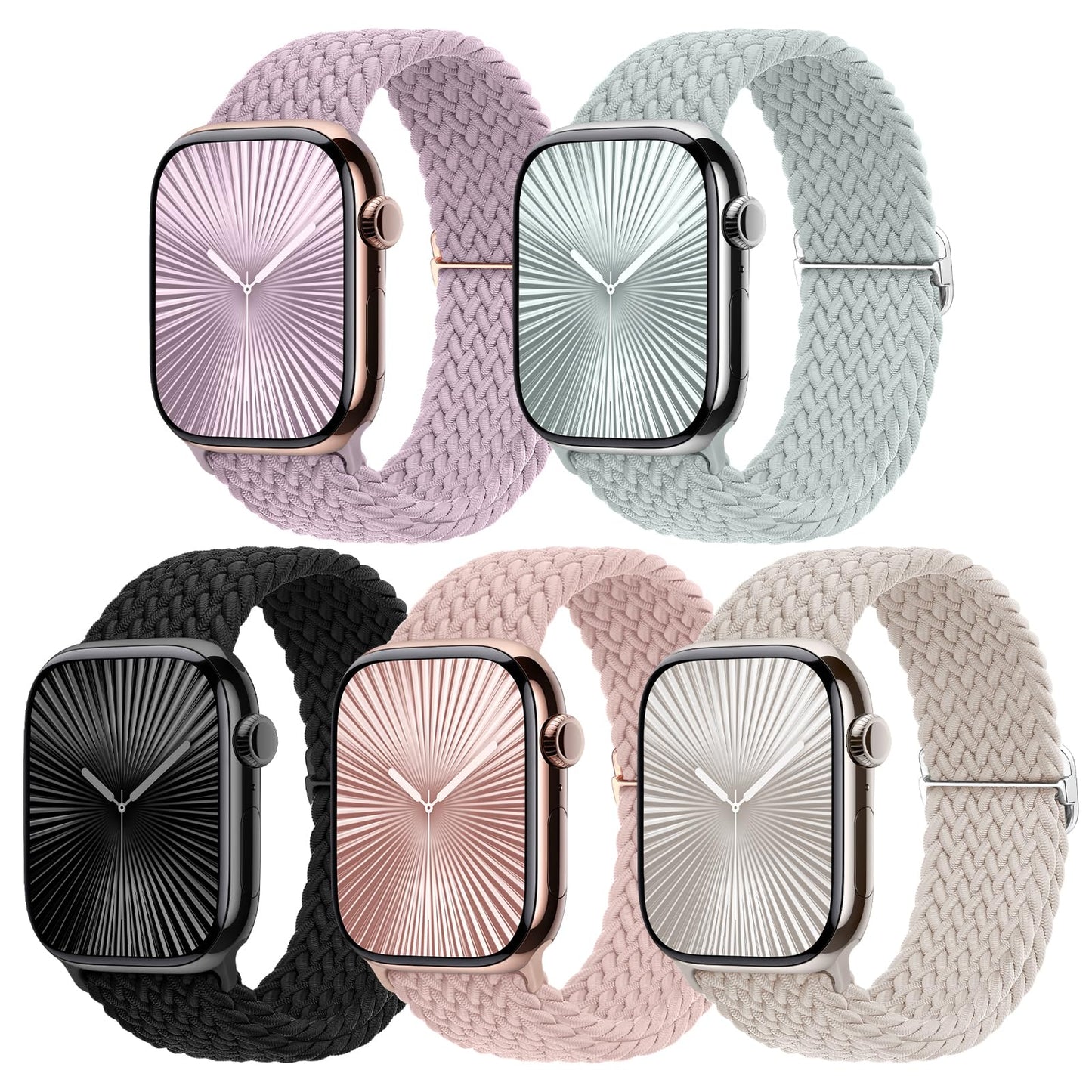 5 Pack Braided Stretchy Adjustable Straps Compatible for Apple Watch Band 38mm 40mm 41mm 42mm 44mm 45mm 46mm 49mm for Women Men ,Sport Elastic Nylon Cloth Wristbands for iWatch Series 10 9 8 SE 7 6 5 4 3 Ultra 2/1(Succulent,38)