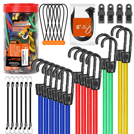 HORUSDY 31-Piece Premium Bungee Cords Assortment Jar, Includes 10”,18”,24”,32”,40” Bungee Cords, 6“ Zip Ties, 8”Canopy/Tarp Ball Ties and Crocodile Mouth Tarp Clips