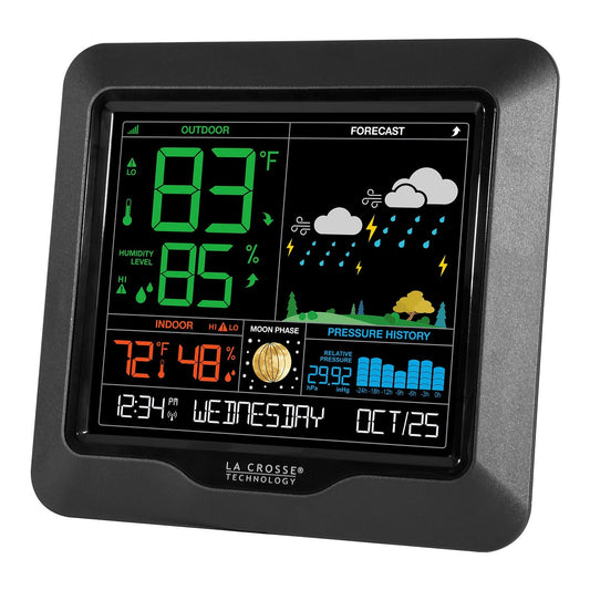 Station de prévision couleur La Crosse Technology - Grand écran, alertes de température/humidité, scènes saisonnières - Surveillance intérieure/extérieure, enregistrements HI/LO, pression barométrique - Heure atomique, mises à jour DST