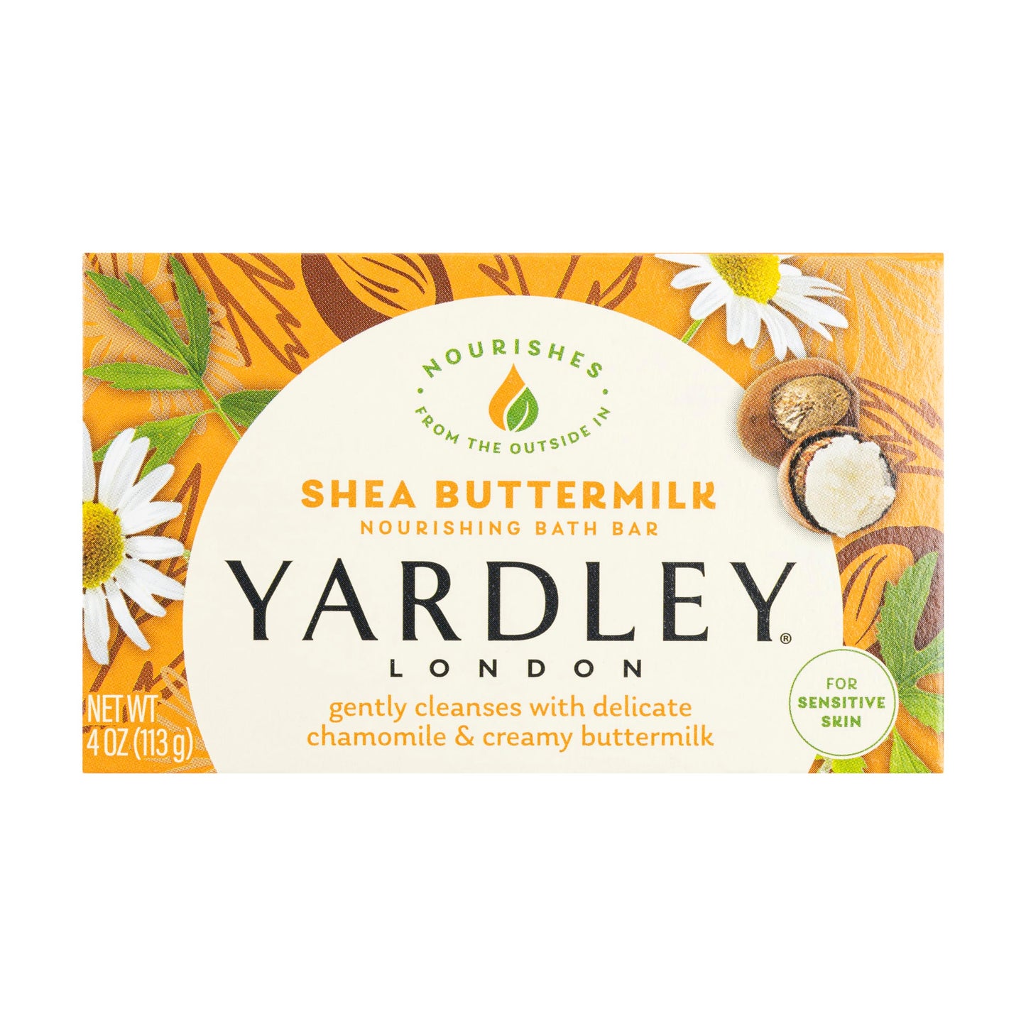 Yardley London Nourishing Bath Soap Bar Shea Buttermilk for Sensitive Skin, Gently Cleanses with Delicate Chamomile & Creamy Buttermilk, 4.0 oz Bath Bar, 1 Soap Bar