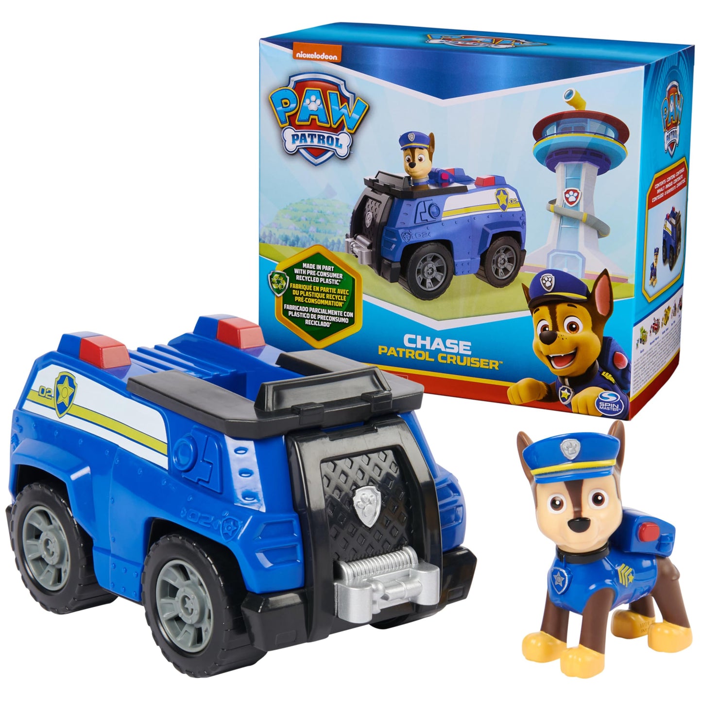 Paw Patrol, Chase’s Patrol Cruiser, Toy Car with Collectible Action Figure, Sustainably Minded Kids Toys for Boys & Girls Ages 3 and Up