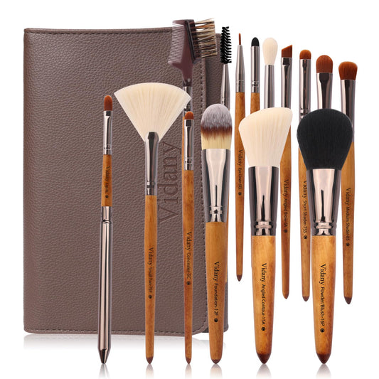 Makeup Brush Set: 15pcs Walnut Wooden Makeup Brushes With Leather Button Bag, Professional Makeup Brushes For Foundation Concealer Kabuki Blush Eyeliner Shadow Brow, Makeup Brush Sets & Kits