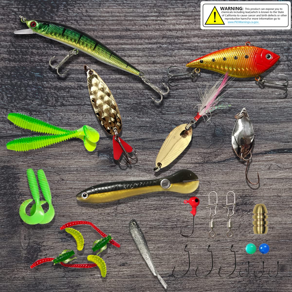 Kit de señuelos de pesca UperUper, cebos y aparejos que incluyen crankbaits, señuelos de superficie, spinnerbaits, gusanos, plantillas, anzuelos, caja de aparejos y más señuelos de pesca para lubina y trucha