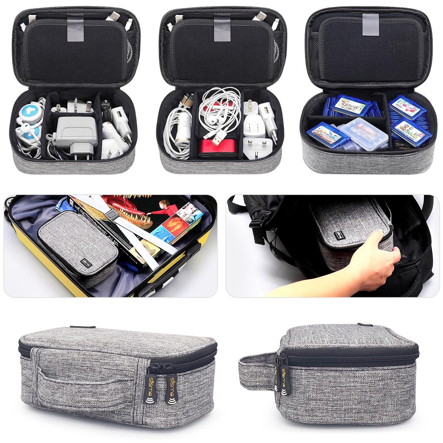 sisma Travel Cords Organizer Universal Small Electronic Accessories Carrying Bag for Cables Adapter USB Sticks Leads Memory Cards, Grey 1680d Fabrics