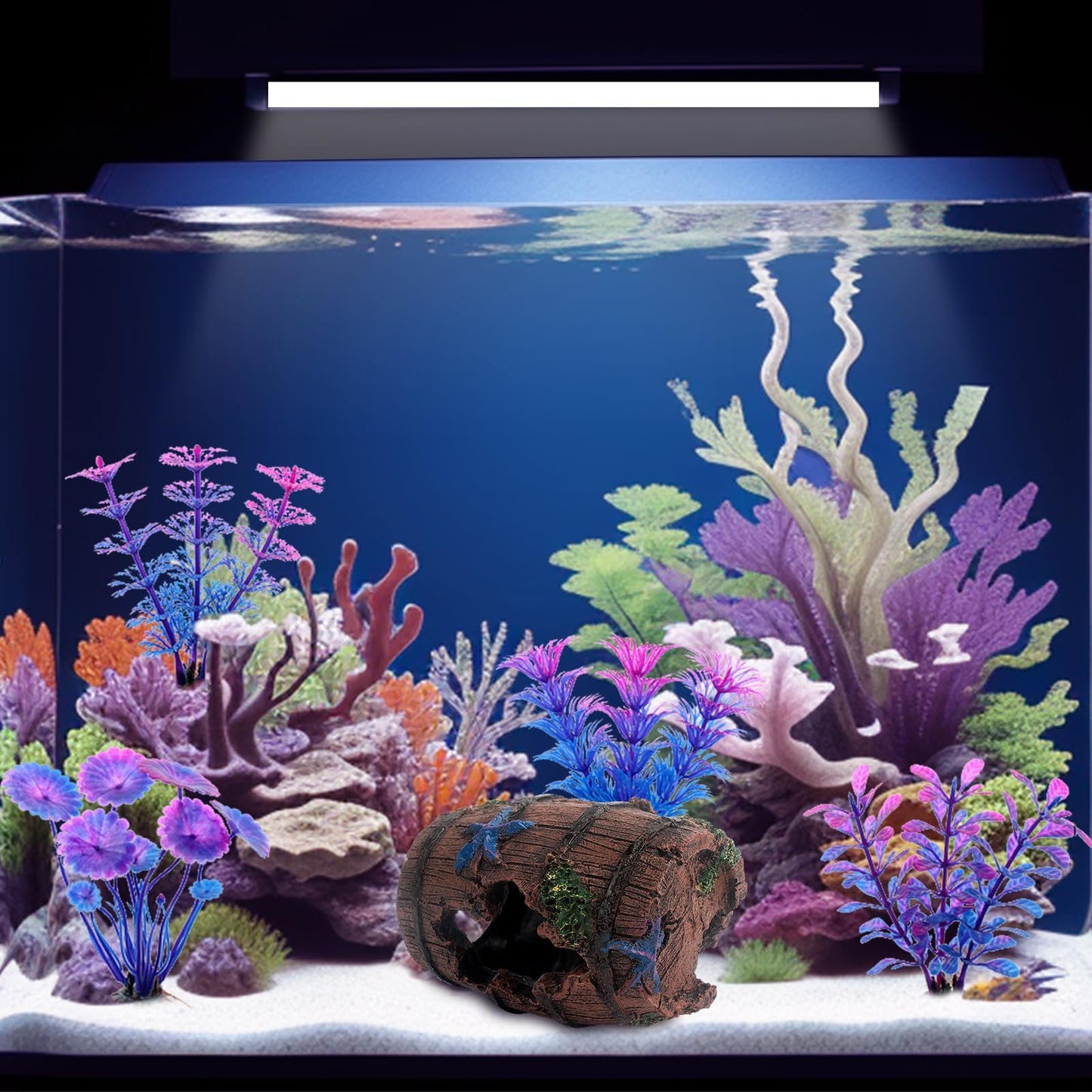 Faeshoo Décoration d'aquarium pour poissons Betta Accessoires de décoration pour aquarium, tonneau en étoile de mer x 1 pièce, plantes aquatiques x 4 pièces