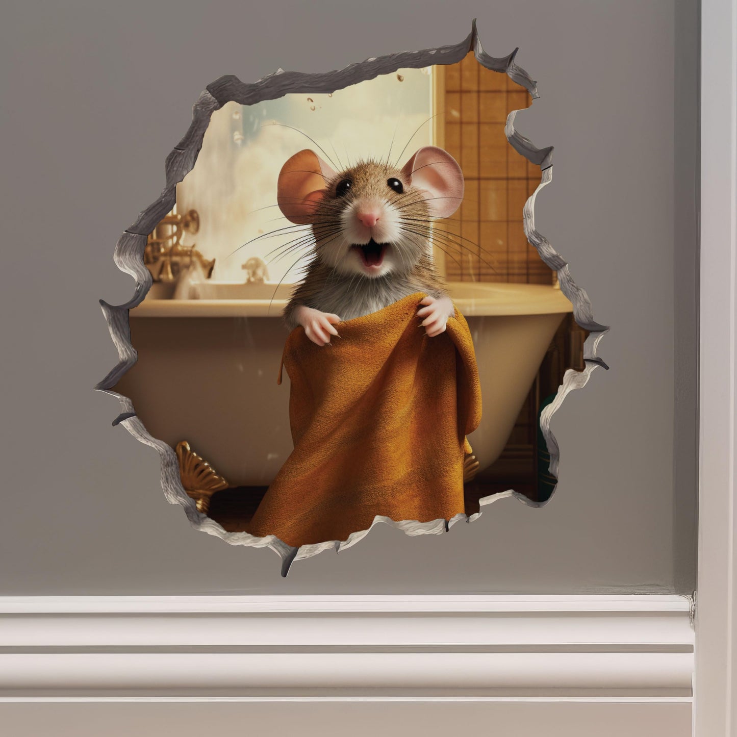 Sticker mural avec trou pour serviette de bain et souris - Sticker mural avec effet 3D - Idée cadeau amusante