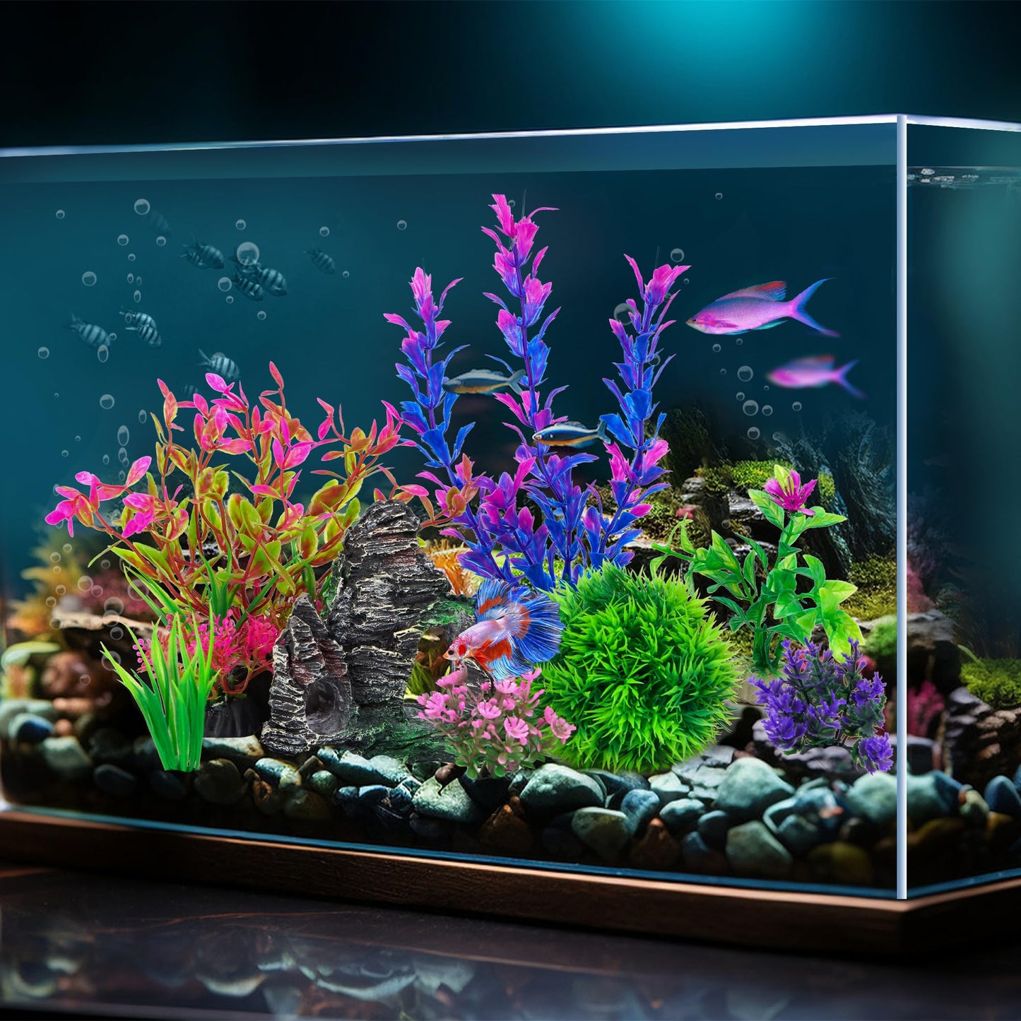 Ameliade Aquarium Decorations Fish Tank Artificial Plastic Plants & Cave Rock Decor Set, Goldfish Betta Fish Tank Accessories Small Large Fish Bowl Decorations