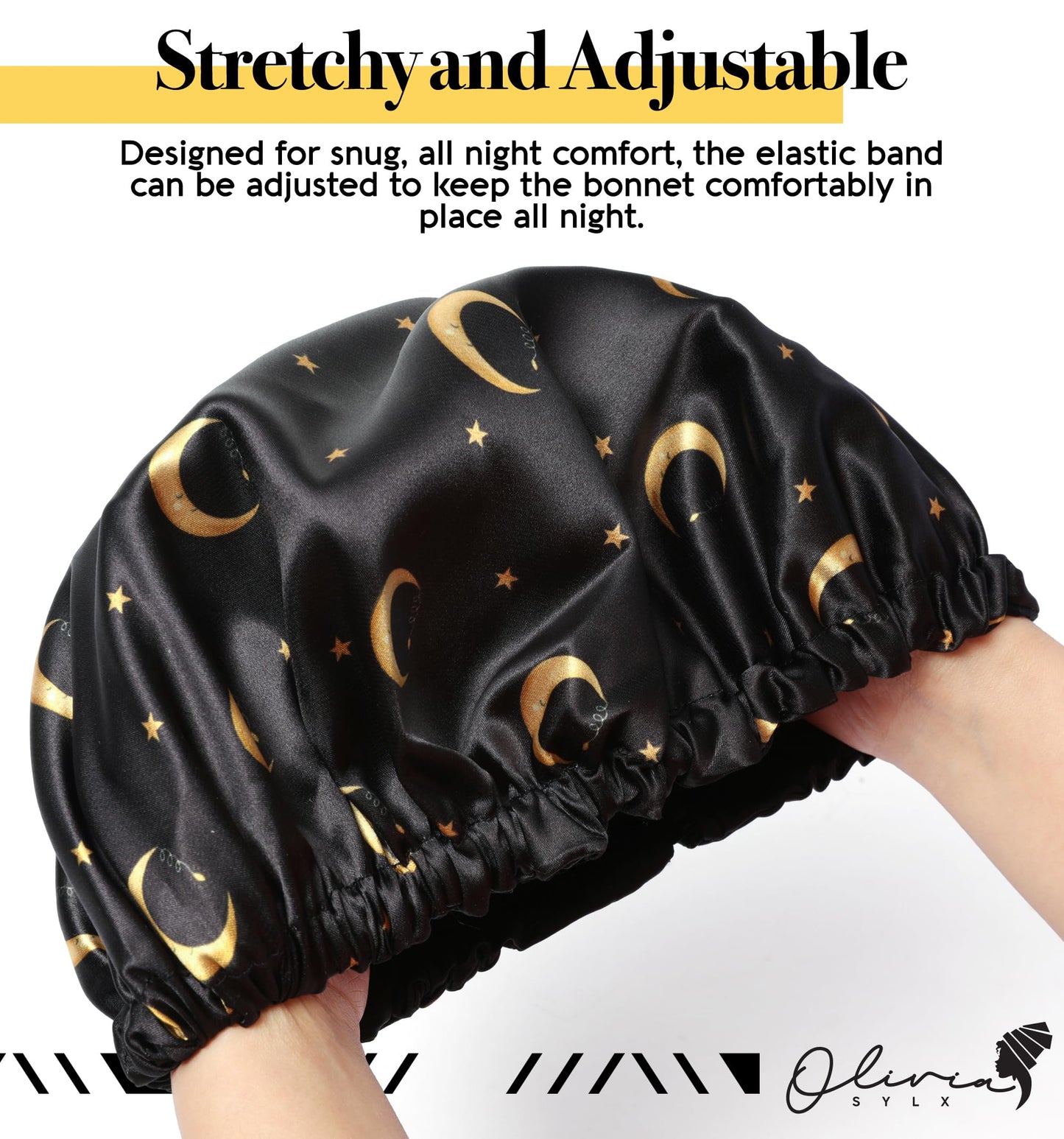 Olivia Sylx - Satin Bonnet & Toddler Silk Bonnet - Sleep Cap & Kids Bonnet for Girls, Hair Cover for Sleeping - Satin Sleep Cap, Adjustable (Gold Moon/Black, 0-3 Year)