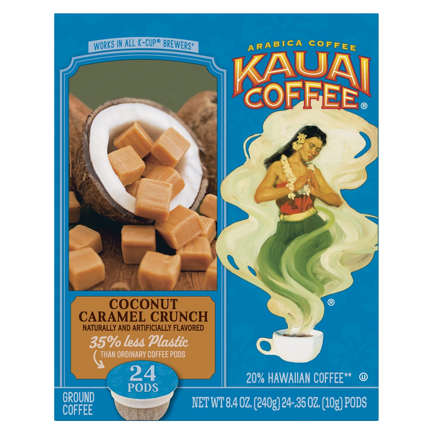 Café Kauai Coconut Caramel Crunch Medium Roast - Compatible avec les cafetières Keurig Pods K-Cup (1 paquet de 24 tasses individuelles)