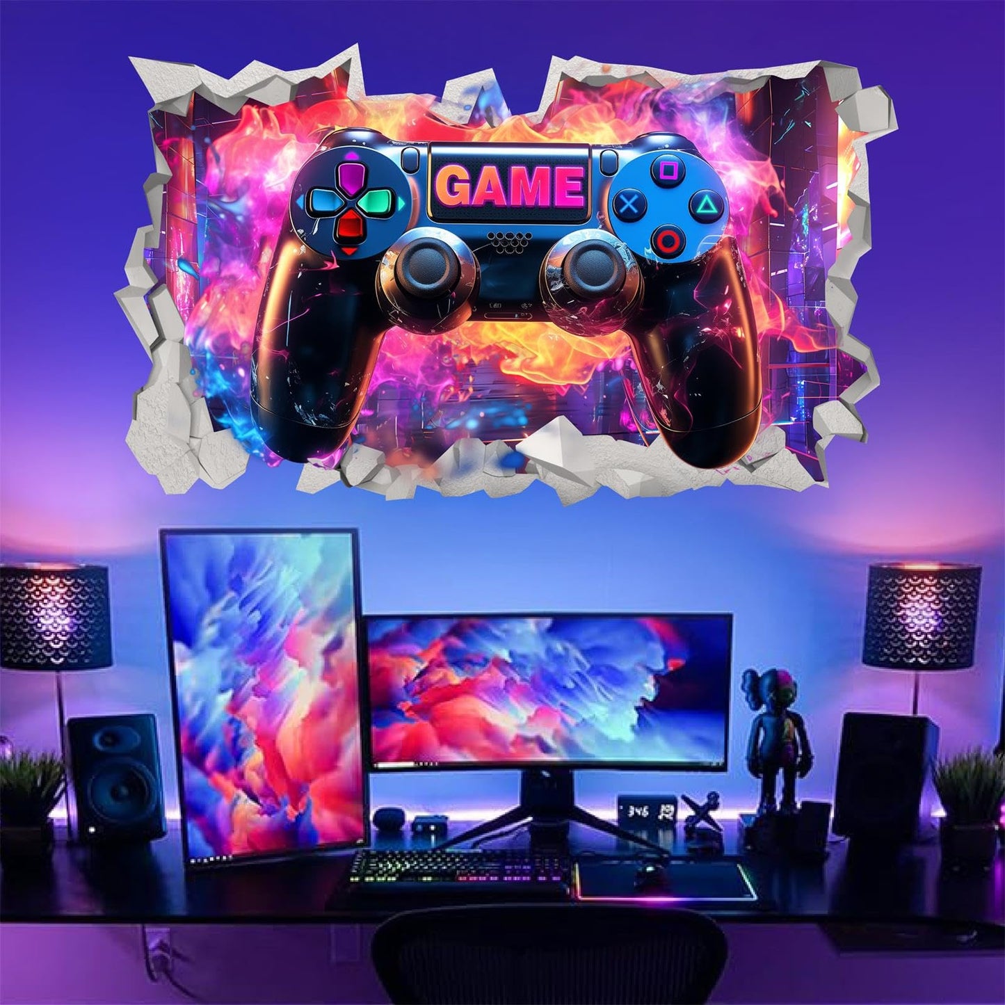 Gaming Wall Decals Gamer Wall Stickers Video Game Wall Art Murals Decals for Teenager Boys Room Broken Wall Gamer Controller Decoration Wallpaper Wall Sticker for Kids Bedroom Playroom Game Lover Gift