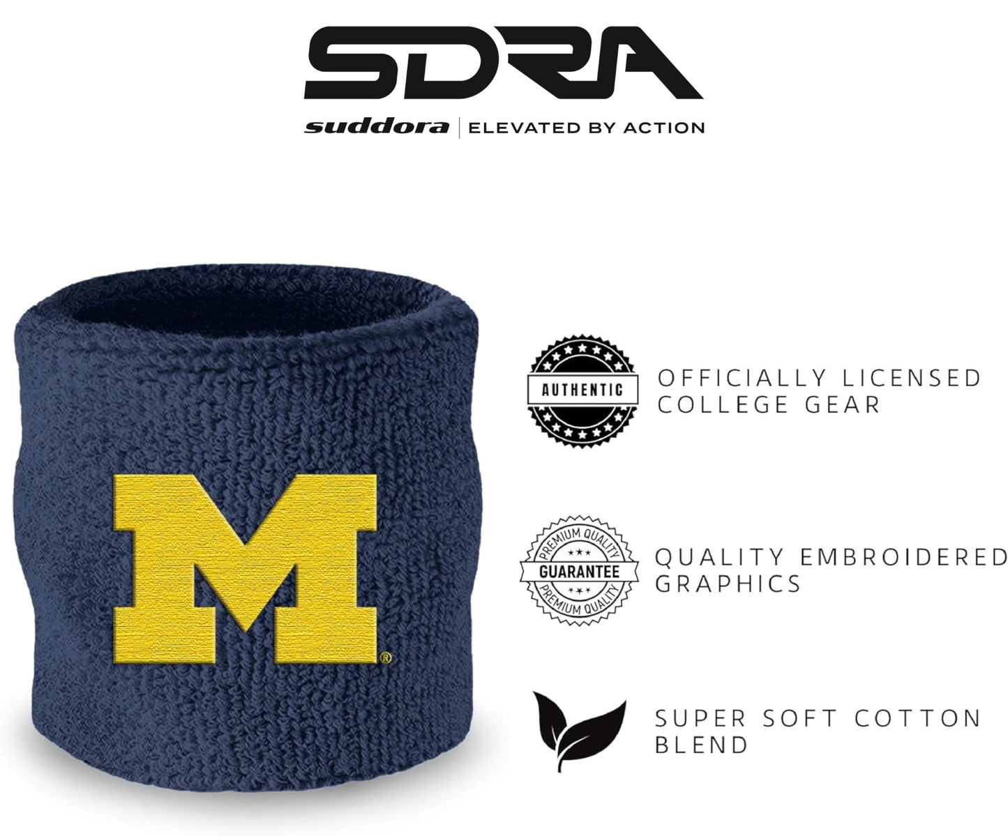 Muñequeras de la Universidad de Michigan: muñequeras deportivas de tela de rizo de algodón para baloncesto, tenis, fútbol y béisbol (par)