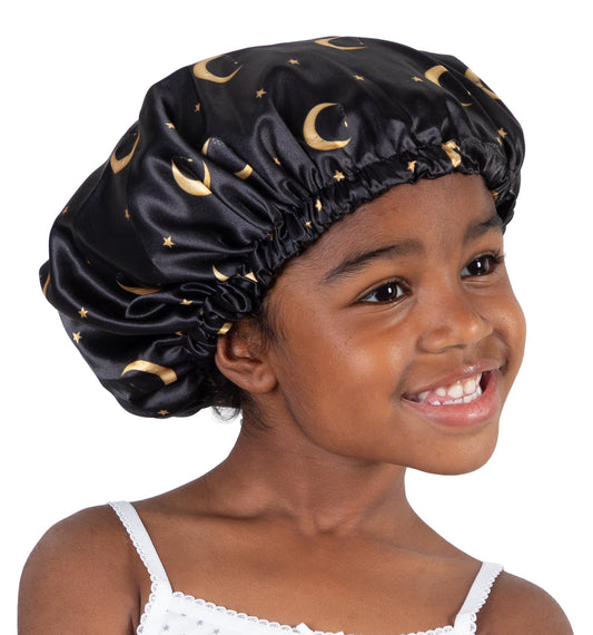 Olivia Sylx - Satin Bonnet & Toddler Silk Bonnet - Sleep Cap & Kids Bonnet for Girls, Hair Cover for Sleeping - Satin Sleep Cap, Adjustable (Gold Moon/Black, 0-3 Year)