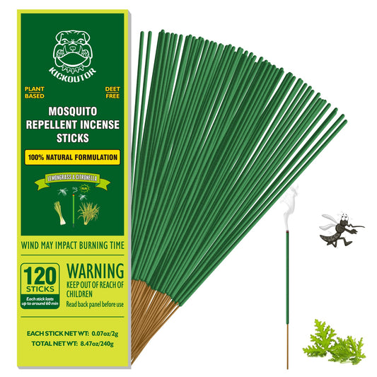 Repelente de mosquitos KICKOUTOR para exteriores, 120 unidades, aceite de citronela, varillas de incienso para mosquitos, barrera natural y orgánica para mosquitos, repelente de mosquitos para patio, viajes, campamentos, interiores, control de mosquitos