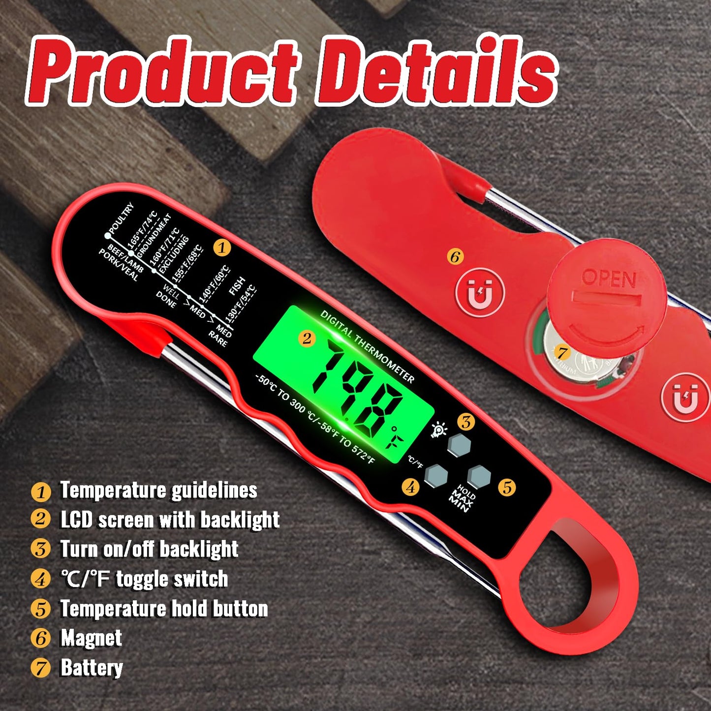 Meat Thermometer Digital, IP67 Waterproof Food Thermometer for Cooking and Baking, Instant Read Meat Thermometer with Backlight, Hold Function & Magnet for Kitchen, Beef, Grill, BBQ, Candy, Turkey