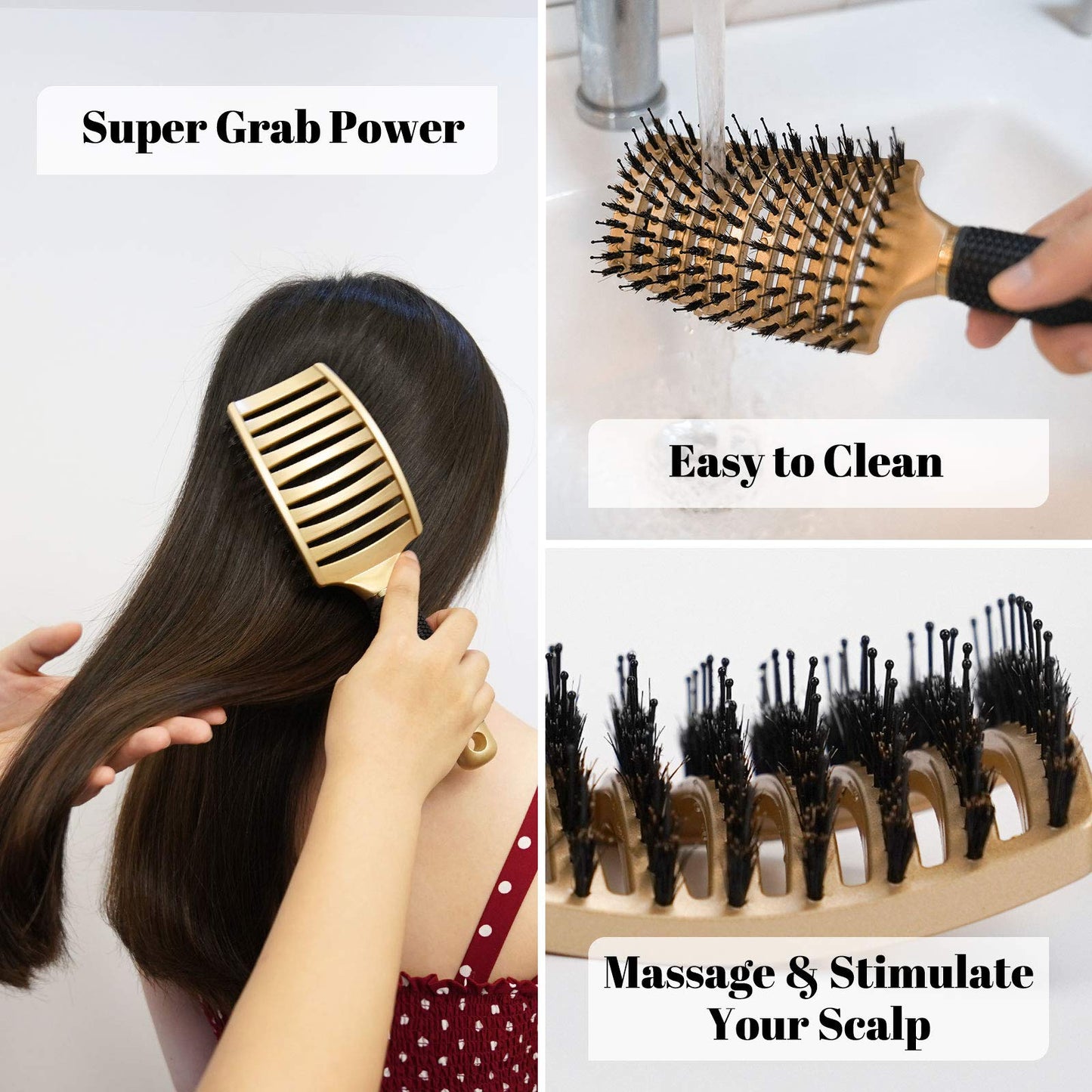 Boar Hair Brushes 2 Pack, Suitable for Men, Women & Kids’ Long Curly Wet or Dry Hair, HIPPIH Hairbrush for Thick Hair Can Adds Shine and Makes Hair Smooth