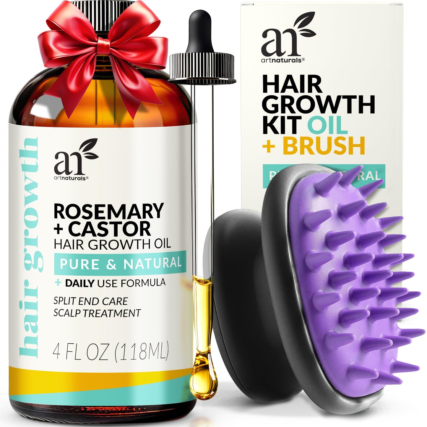 Artnaturals Organic Rosemary Castor Hair Oil + Massager Hair Growth Set Hair Growth Oil 4 ounces with Coconut & Olive Oil for Dry, Damaged & Split End