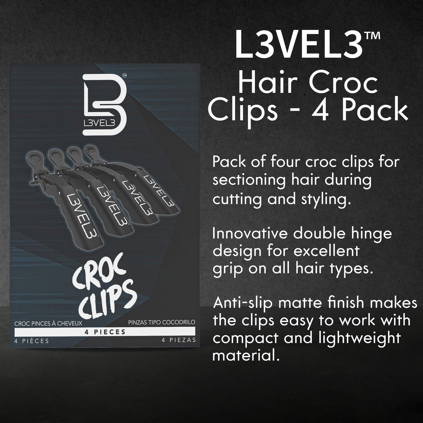 Level 3 Croc Hair Clips - 4 Pack Hair Clip Set for Hair Styling