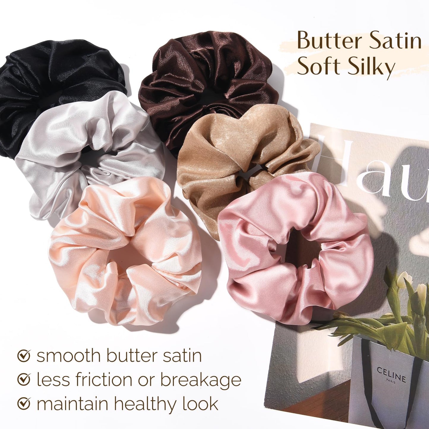 YANIBEST 6 Pack Glossy Satin Scrunchies - No Damage Hair Ties for Women and Girls, Silk Styling Scrunchies for Holiday