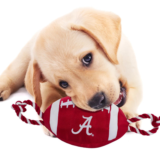 Pets First NCAA Alabama Crimson Tide Football Dog Toy, Tough Quality Nylon Materials, Strong Pull Ropes, Inner Squeaker, Collegiate Team Color