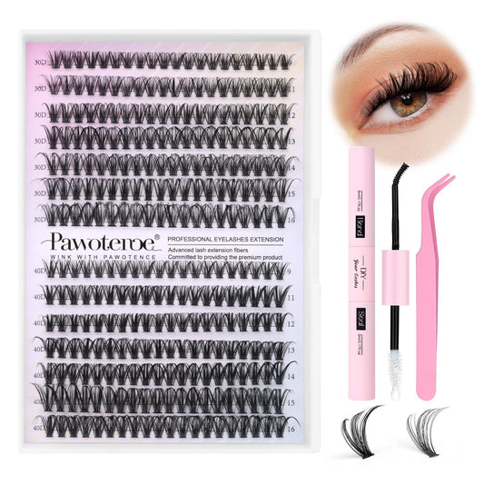 Pawotence Lash Extension Kit DIY 280pcs Lash Clusters Eyelash Extension Kit, 9-16mm 30D 40D Individual Lashes Kit with Lash Bond and Seal, Lash Tweezers for Self Use (30D&40D, 0.07D, 9-16mm, Kit)