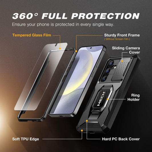 TONGATE for Samsung Galaxy S24 Plus Case, with Tempered Glass Screen Protector, Full Body Protection Military Grade Shockproof S24+ Plus Phone Case with Slide Camera Cover & Ring Kickstand, Black