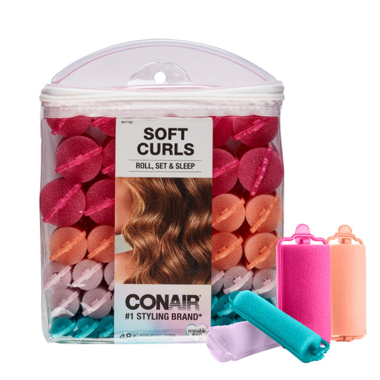 Conair Foam Hair Rollers - 48 Count, Assorted Colors - Heatless Curls, Overnight Curls, Foam Rollers with Storage Case