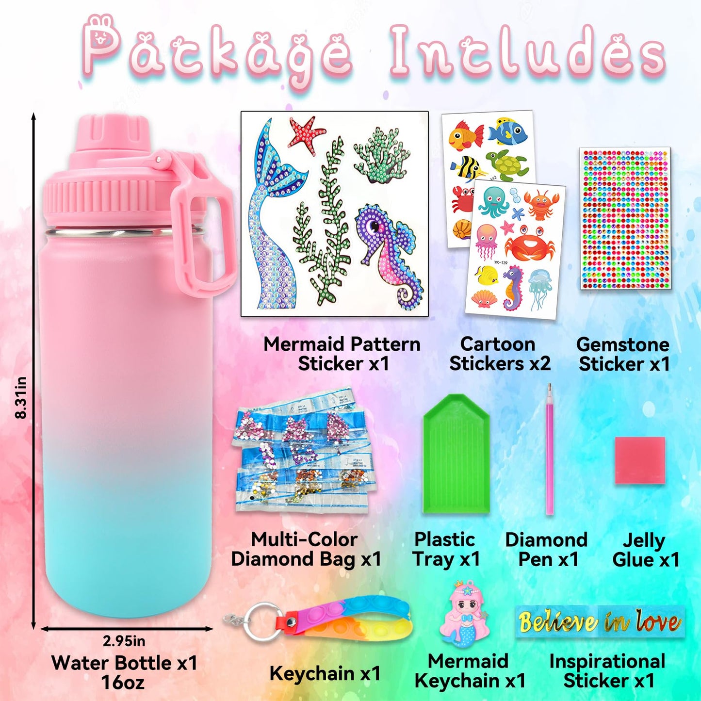 7july Decorate Your Own Water Bottle Kits for Girls Age 4-6-8-10 (Stainless Steel),Mermaid Themed Painting Crafts,Fun Arts and Crafts Gifts Toys for Girls Birthday Christmas