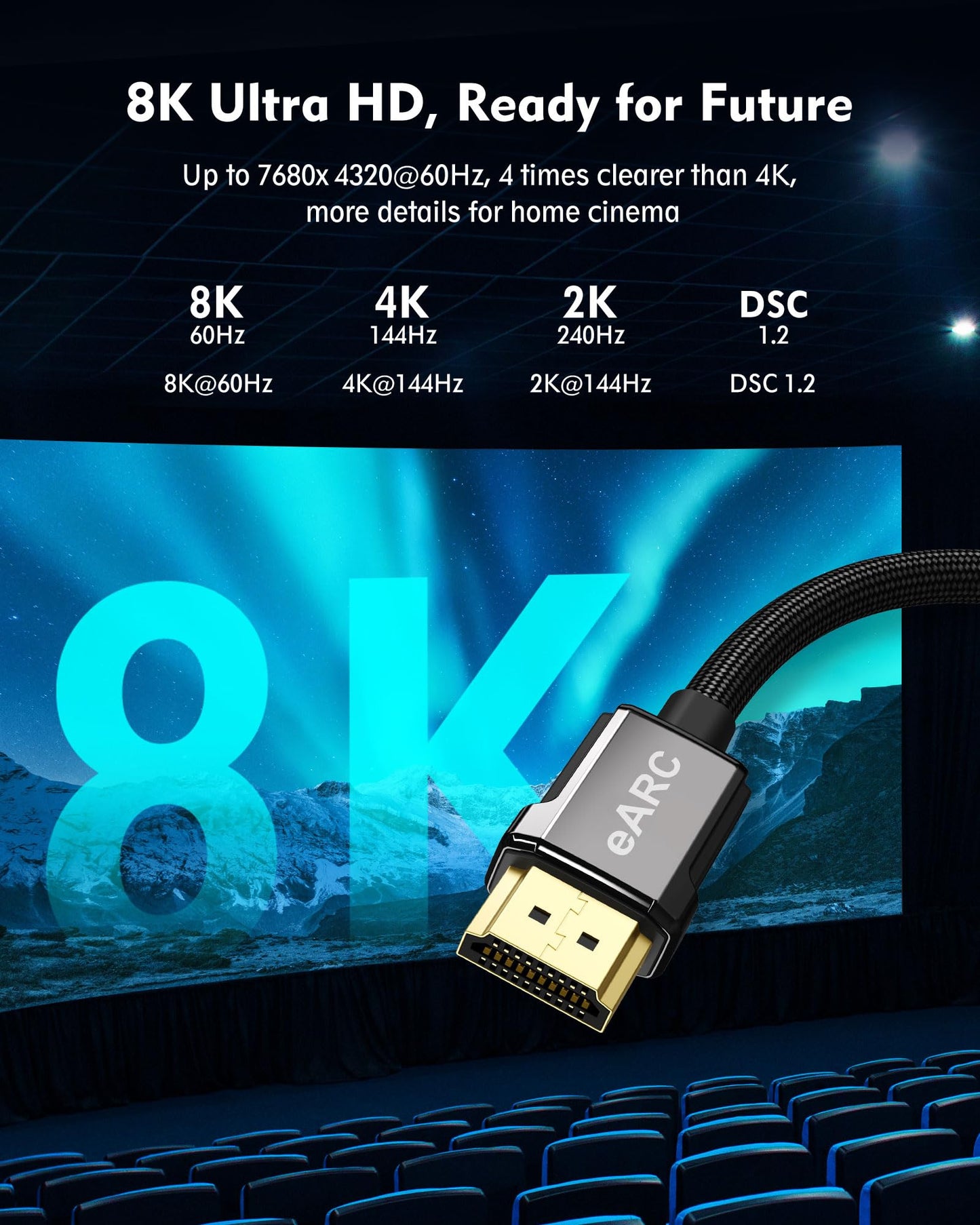 Silkland 8K HDMI ARC/eARC Cable 2.1 for Soundbar 6.6ft, 8K@60Hz, 4K@120Hz High Speed HDMI Cord for Gaming, 48Gbps, Dolby Atoms, HDR10 HDCP Compatible for Vizio Samsung Bose Sound bar, UHD TV, Blu-ray