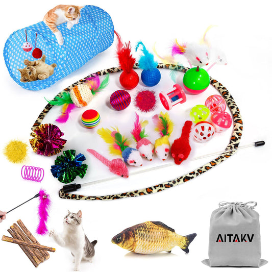 AILUKI 35 PCS Cat Toys Kitten Toys Assortments,Variety Catnip Toy Set Including 2 Way Tunnel,Cat Feather Teaser,Catnip Fish,Mice,Colorful Balls and Bells for Cat,Puppy,Kitty