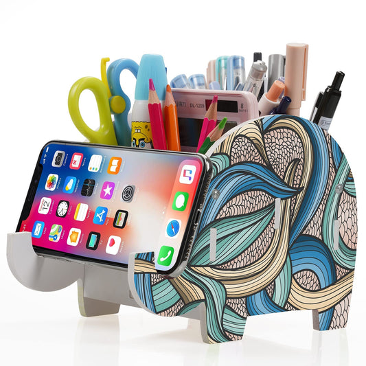 MOKANI Pen Pencil Holder for Desk Cute Elephant Gifts Desk Organizer Marker Makeup Brush Holders Workspace Organizers Office Decor Accessories with Phone Stand Christmas Gifts For Women Men Adults