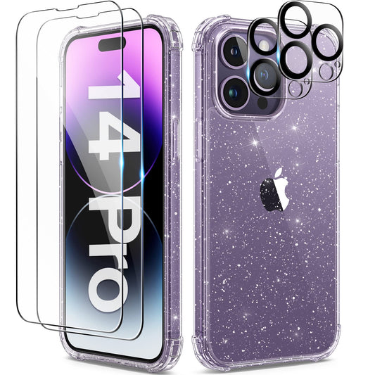 iPhone 14 Pro Case Glitter Clear, with 2X Screen Protector + 2X Camera Lens Protector, [Non-Yellowing] [Military Grade Protection] Cute Bling Shockproof Phone Case 6.1 Inch, Shiny Clear