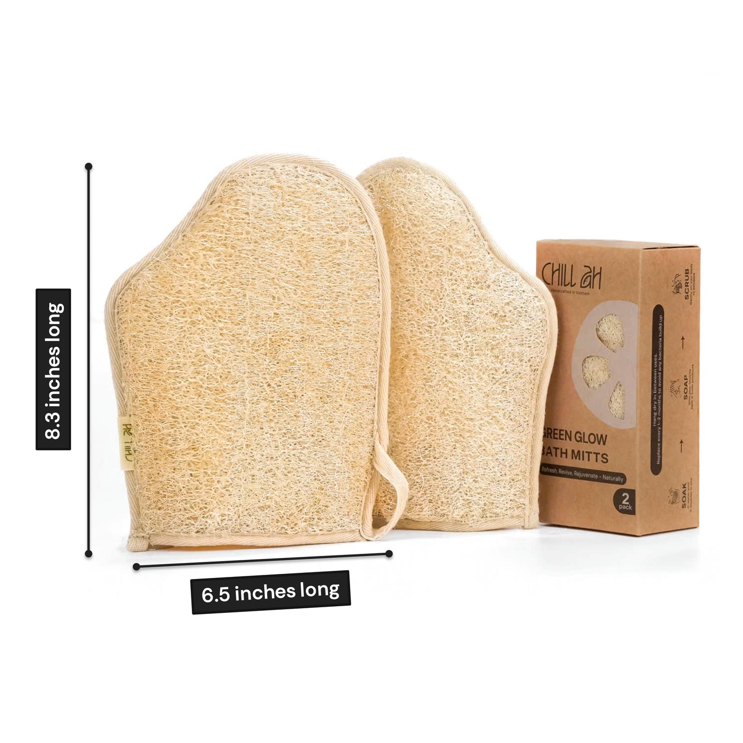 Chill Ah Green Glow All Natural Exfoliator Dual Sided Loofah Bath Mitts – 100% Plant-Based, Dye-Free, Biodegradable, Scratch-Free, Handcrafted in Vietnam (2-Pack)