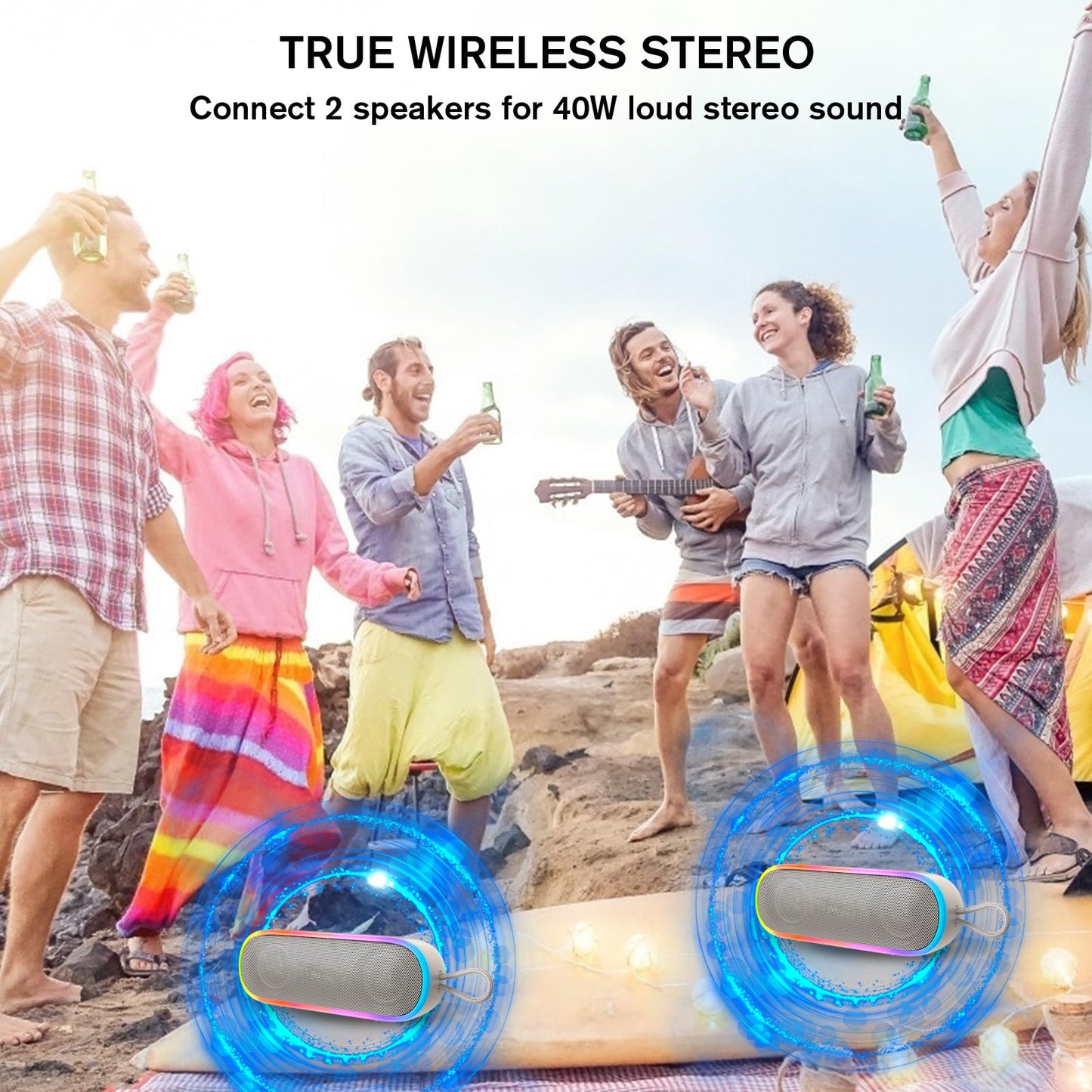 Altavoces Bluetooth MEGUO, altavoz impermeable IPX7 con sonido potente de 20 W, altavoces inalámbricos portátiles con graves extra, para playa, piscina, camping al aire libre, regalo de Navidad/cumpleaños para hombres, mujeres (blanco)