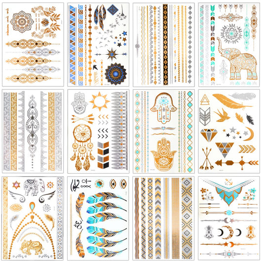 12 Sheets 110+ Metallic Temporary Tattoos for Adult Women Girls Tattoos Gold Silver Glitter Flash Waterproof Tattoo Stickers for Beach, Festivals, & Parties