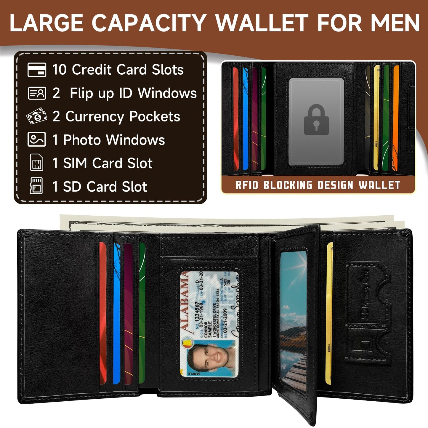 XINNSTAR Mens Wallets Leather, Trifold Wallets for Men Genuine Leather Large Capacity RFID Blocking with 10 Card Holder and 3 Id Windows Gifts for Men, Black