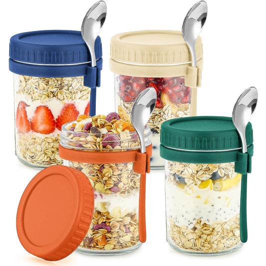 DRKIO 4 Pack Glass Overnight Oats Containers with Lids and Spoons 16 Oz Mason Jars for Overnight Oats Jars Leak Proof Oatmeal Container Meal Prep Jar for Cereal Fruit Vegetable Milk Salad Yogurt