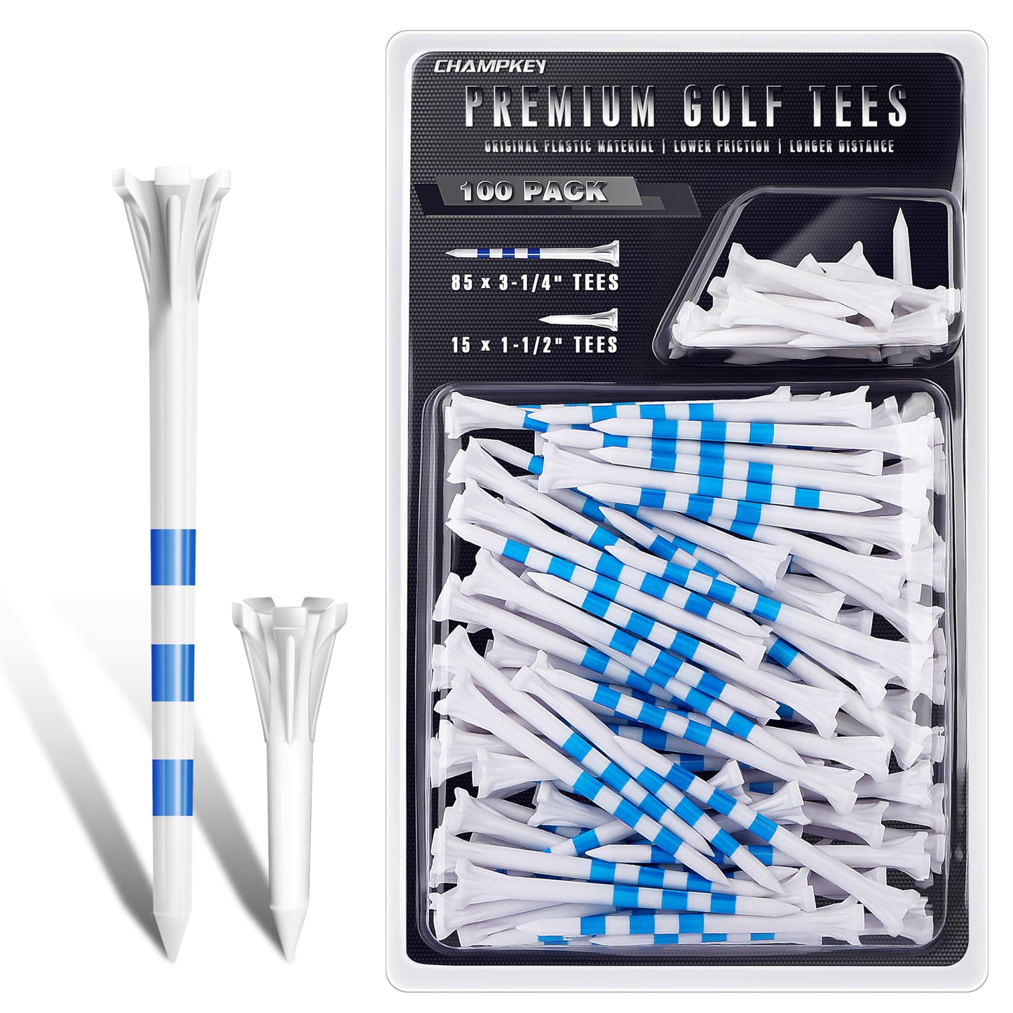 CHAMPKEY Professional 5 Prongs Golf Tees 100 Pack | 85 Driver Tees with 15 Iron/Hybrid Tees Mixed Pack | Low Friction and Resistance Golf Plastic Tees