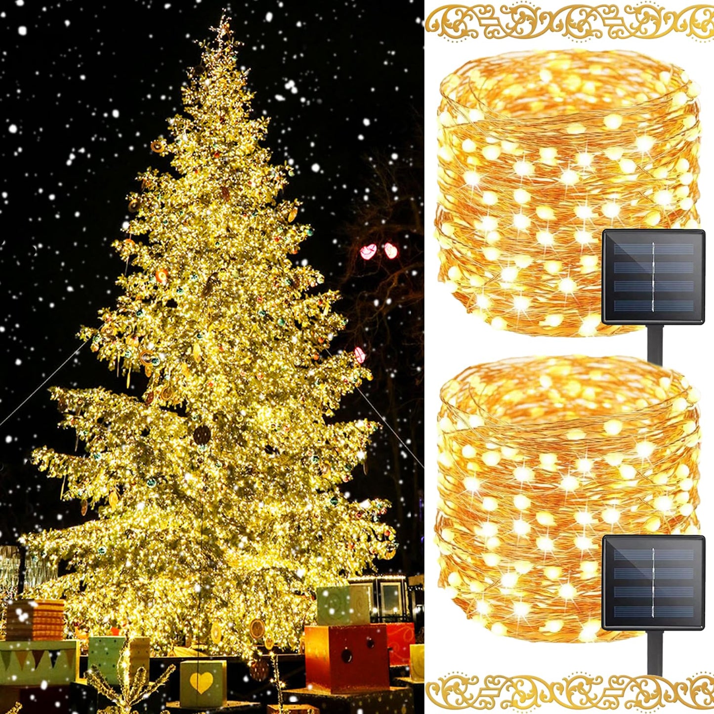 Guirlande lumineuse solaire d'extérieur BHCLIGHT, lot de 2, 24,4 m, 200 LED, lumières solaires d'extérieur de Noël, fil de cuivre étanche, 8 modes, lumières féeriques solaires pour jardin, arbre, mariage, décorations de Noël (blanc chaud)