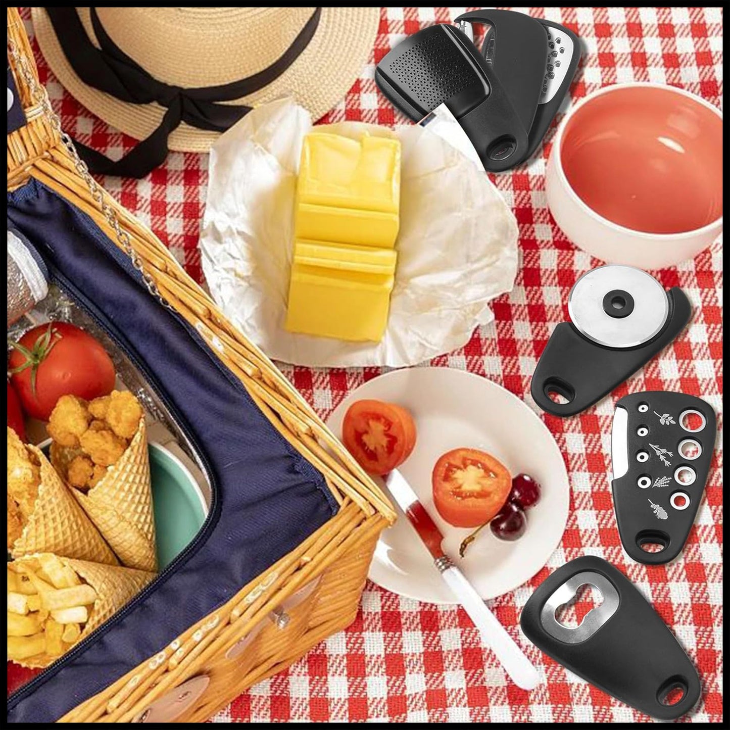 Juego de 6 utensilios de cocina de acero inoxidable: rallador de queso, pelador, cortador de pizza, abridor de botellas, molinillo de ajo; accesorios de cocina compactos para camping y autocaravanas (negro)