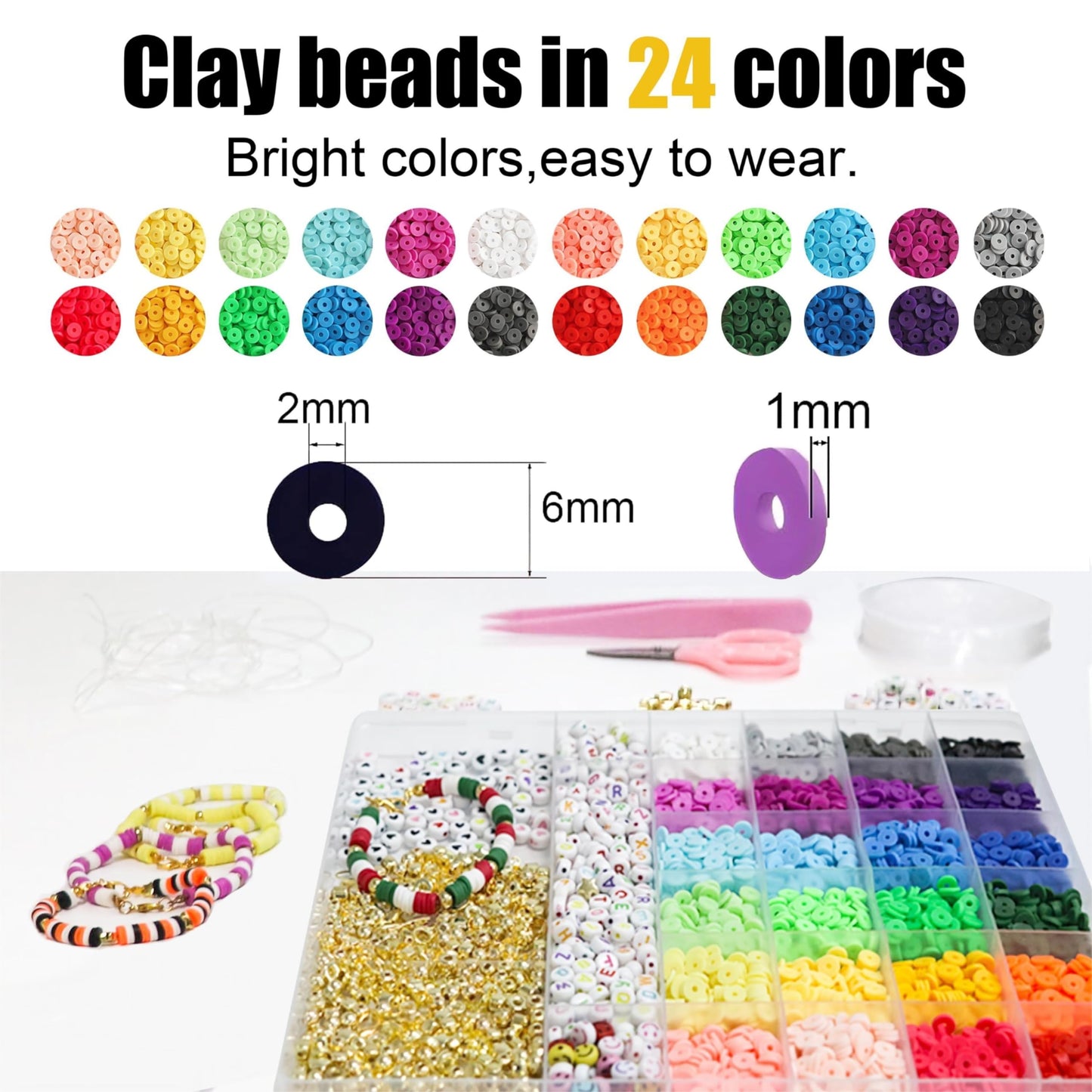 YMSDZHL 6000+PCS Clay Beads Bracelet Making Kit,24 Color DIY Flat Preppy Beads for Friendship Jewelry Making,Polymer Heishi Beads with Charms Gifts for Teen Girls Crafts for Ages 4-12