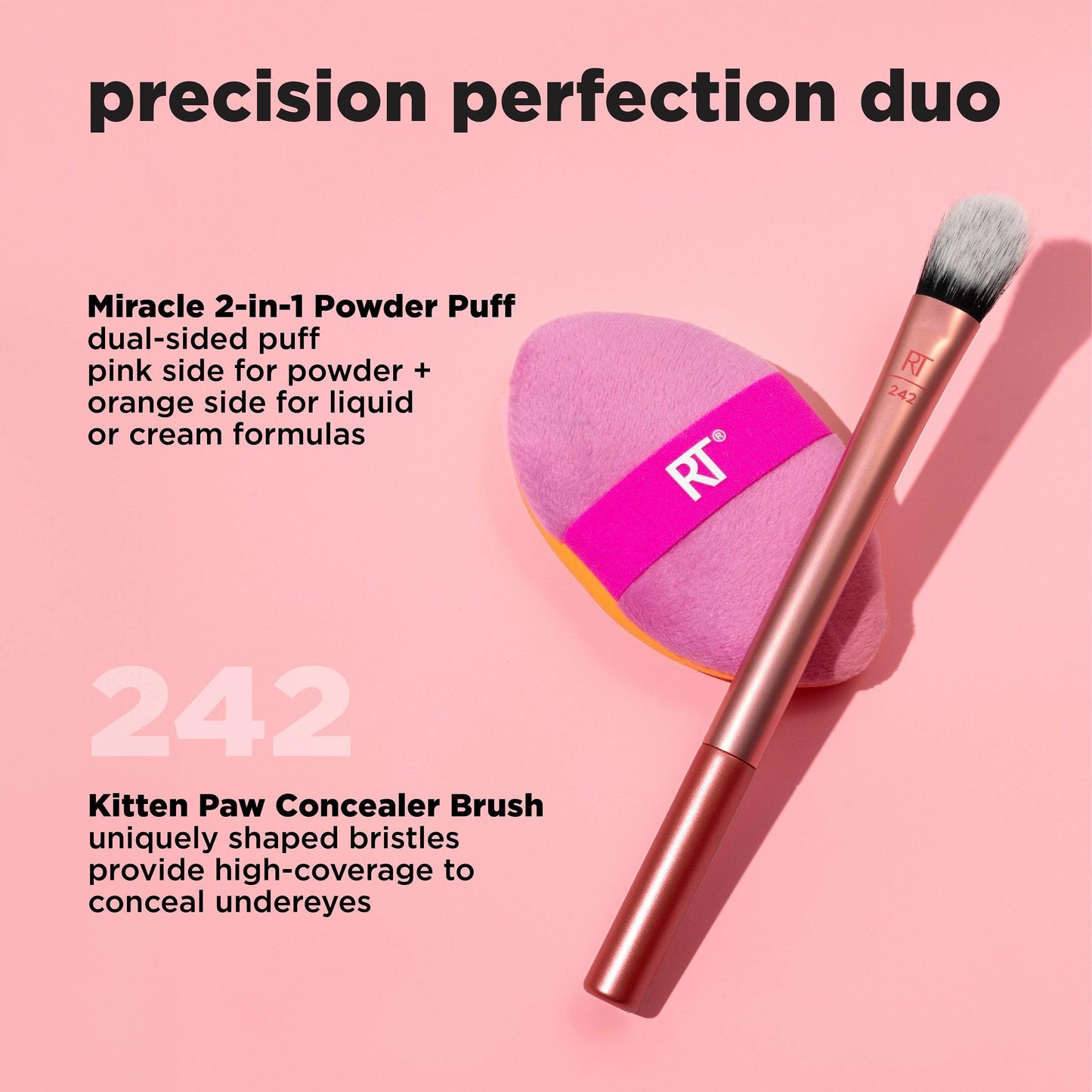 Real Techniques Precision Perfection Duo, Viral Kitten Paw Concealer Brush & Dual-Sided Powder Puff For Powder & Foundation, Travel Friendly Makeup Brush Set, Cruelty-Free, 2 Piece Set