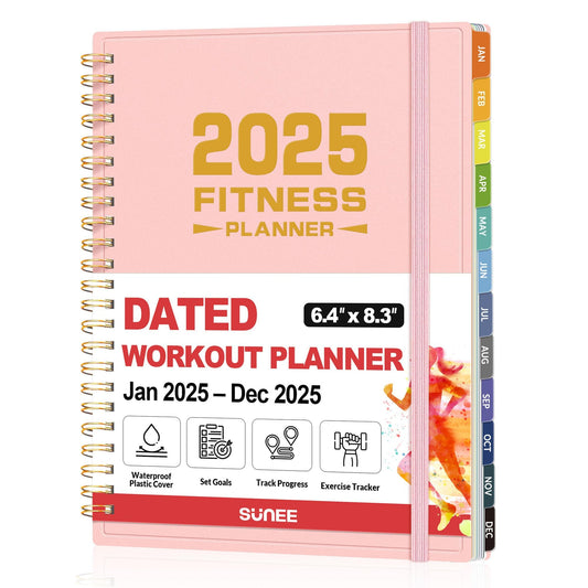 Journal d'entraînement de fitness 2025 pour hommes et femmes, de JAN 2025 à DÉC 2025, planificateur d'exercices, 6,4" x 8,3" Journal de suivi de fitness Essentiels pour les objectifs, le suivi, les cadeaux avec couverture en plastique PVC, rose