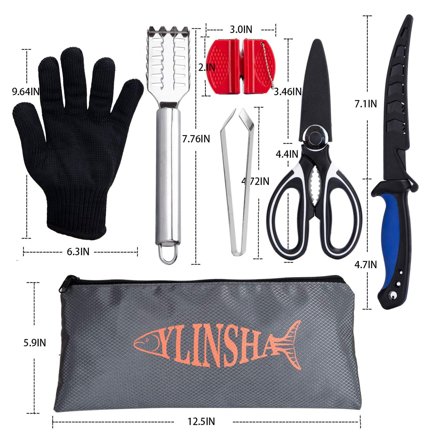 Cuchillo de pesca ylinsha, kit de limpieza de pescado, juego de 7 piezas, cuchillo de pescado, cepillo de limpieza de escamas de pescado, tijeras multifuncionales, guantes anticorte, pinzas para espinas de pescado, bolsa de almacenamiento