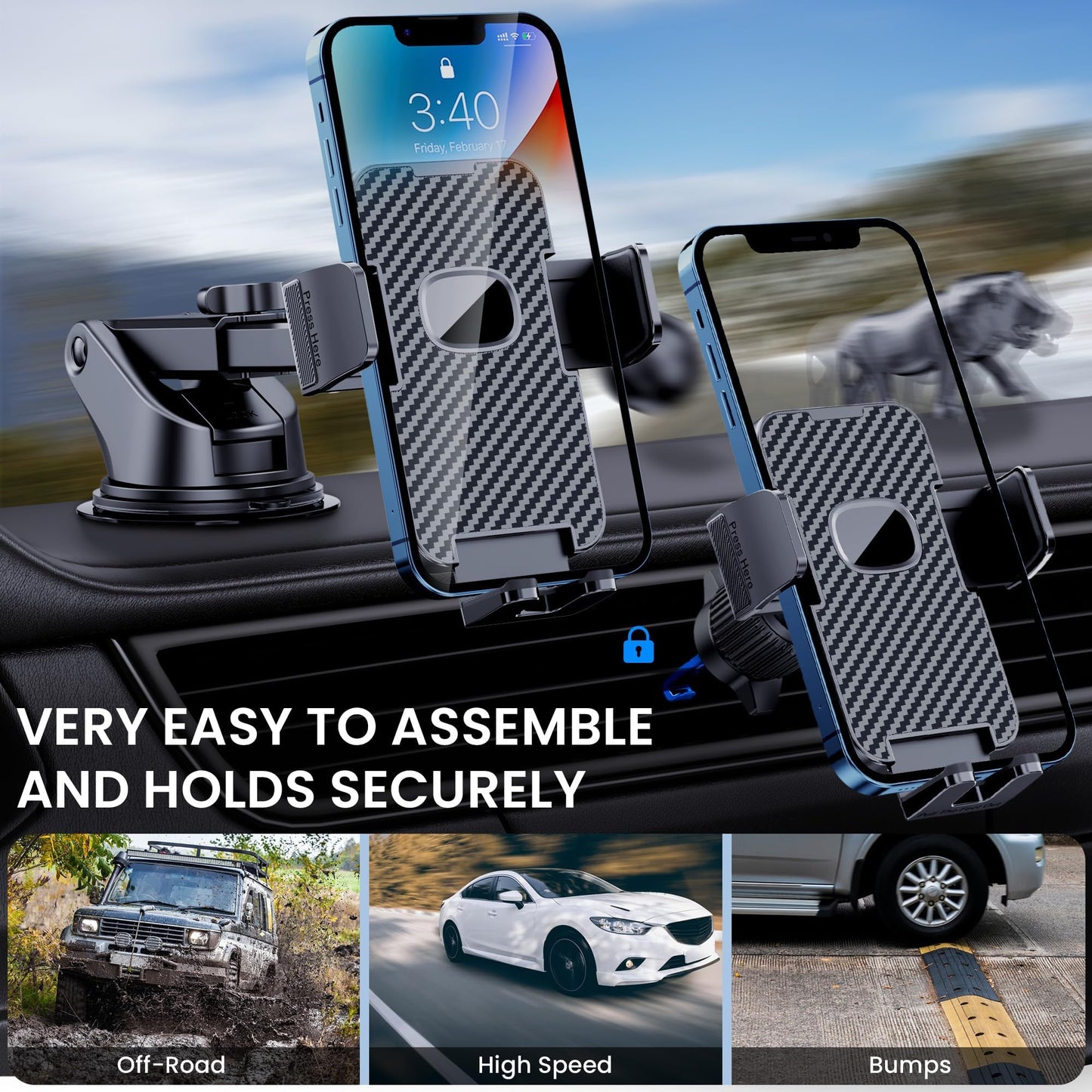 GUWEZ Phone Holder Car Mount for iPhone [Powerful Suction] Phone Mount for Car Dashboard Windshield Air Vent Universal Accessories Automobile Phone Holder Fit iPhone Smartphone Carbon Fiber