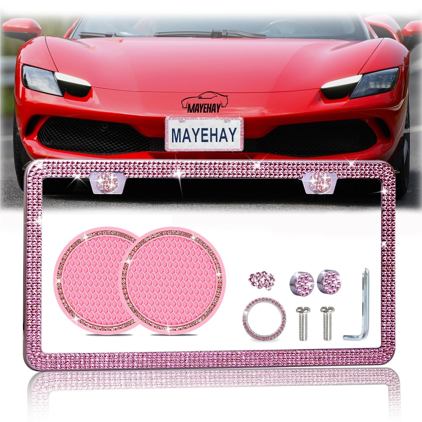 Pink License Plate Frame 1 Pack Bling License Plate Frame Rhinestone License Plate Frame Sparkly License Plate Frame Diamond License Plate Frame Bedazzled License Plate Frame with Bling Cup Coasters