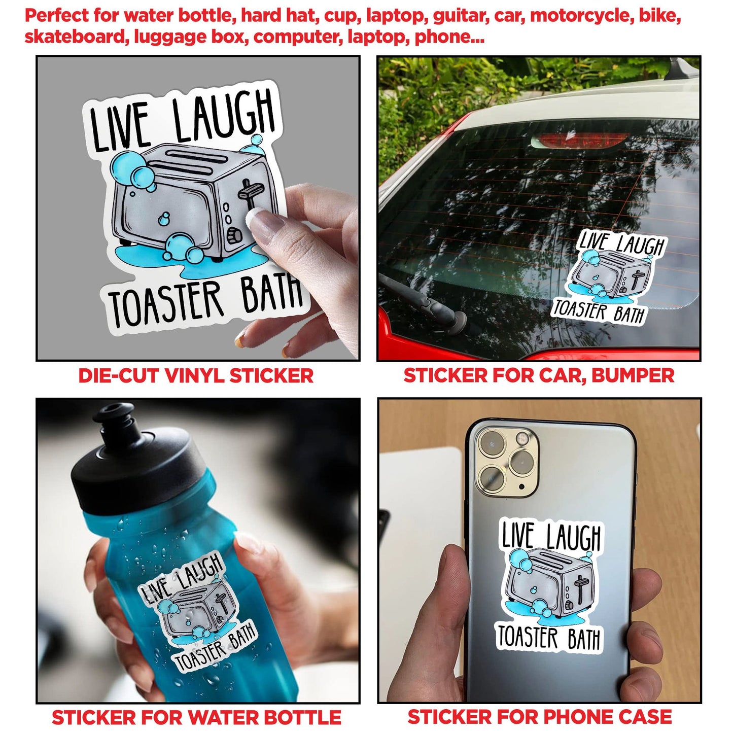 (3Pcs) Live Laugh Toaster Bath Sticker Funny Toaster Quote Joke 2" Die-Cut Waterproof Vinyl Sticker for Hard Hat Laptop Water Bottle Phone Case Merchandise Decor Decal Stuff Birthday Gift 2 Inch