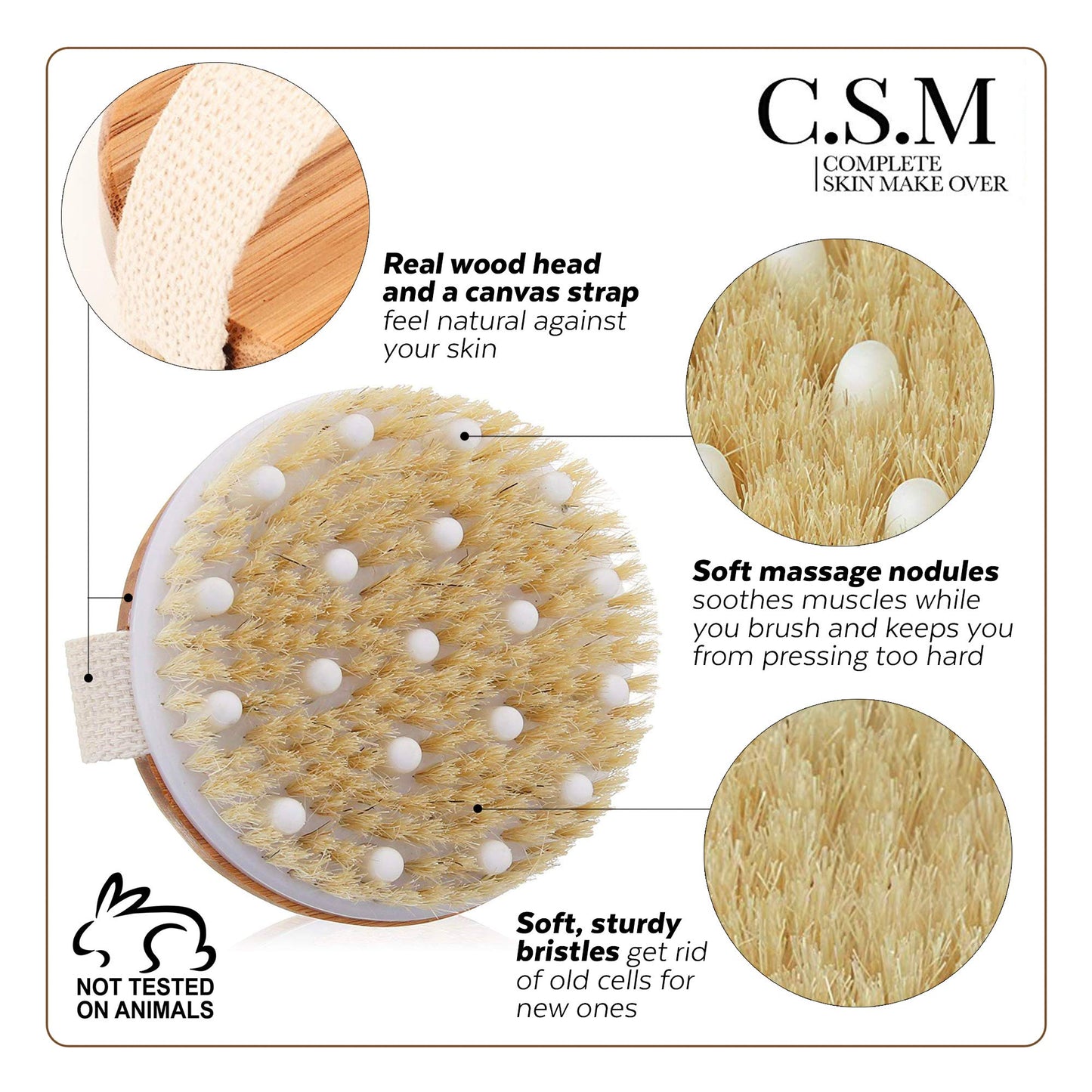 CSM Dry Body Brush - Natural Bristle Exfoliating Brush for Skin Renewal, Lymphatic Support and Circulation Boost - Sustainable Choice Dry Brushing Tool for Gentle Detox, Spa-Like Exfoliation