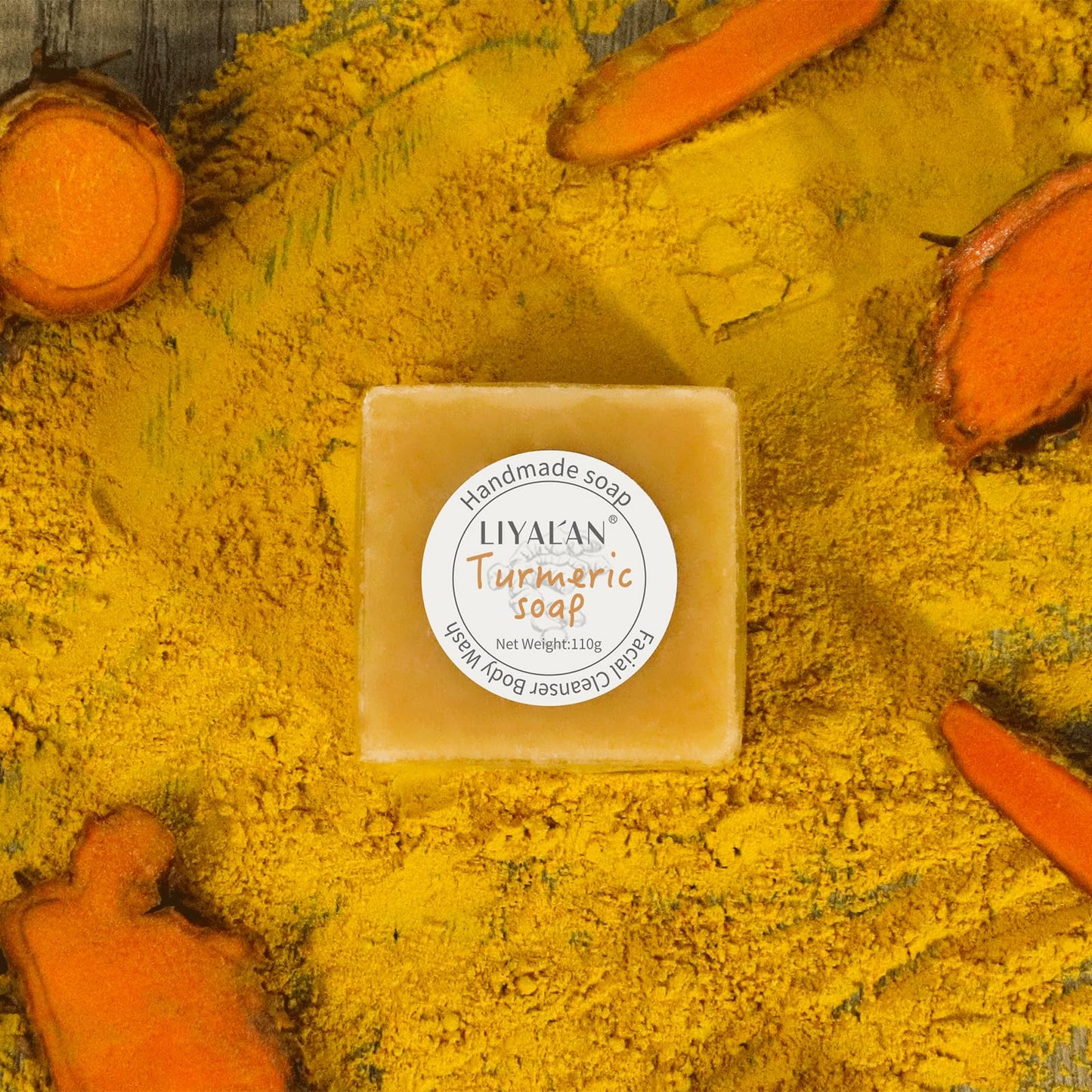 Barre de savon au curcuma LIYALAN pour le visage et le corps - Savon au curcuma, peau lisse, nettoyage en profondeur, savon naturel fait à la main, formule pour peau sensible, savon végétalien