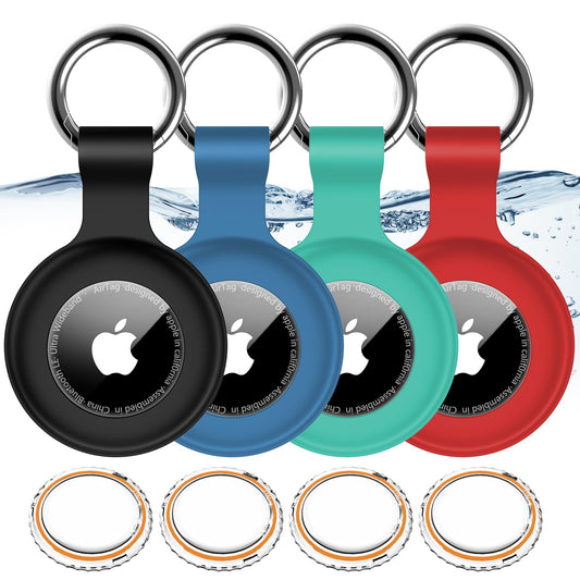 4 Pack,IPX8 Waterproof Airtag Holder for Apple Air Tags with Air Tag Keychain,Shockproof GPS Cover [Anti-Scratch] [PC+Silicone] Air-Tag Item Finders Case for Pets,Kids,Luggages-Black/Blue/Green/Red