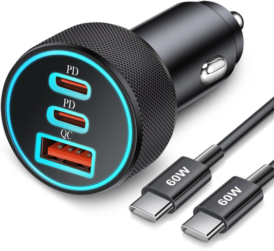 67W 3-Port Super Fast Type C Car Charger USB C for Samsung Galaxy S25 S24 S23 S22 S21 Ultra A54 A53 A15, iPhone 16/15 Pro Max, Android, PD/QC Car Adapter Accessories for Men Women + 3FT USB-C Cable